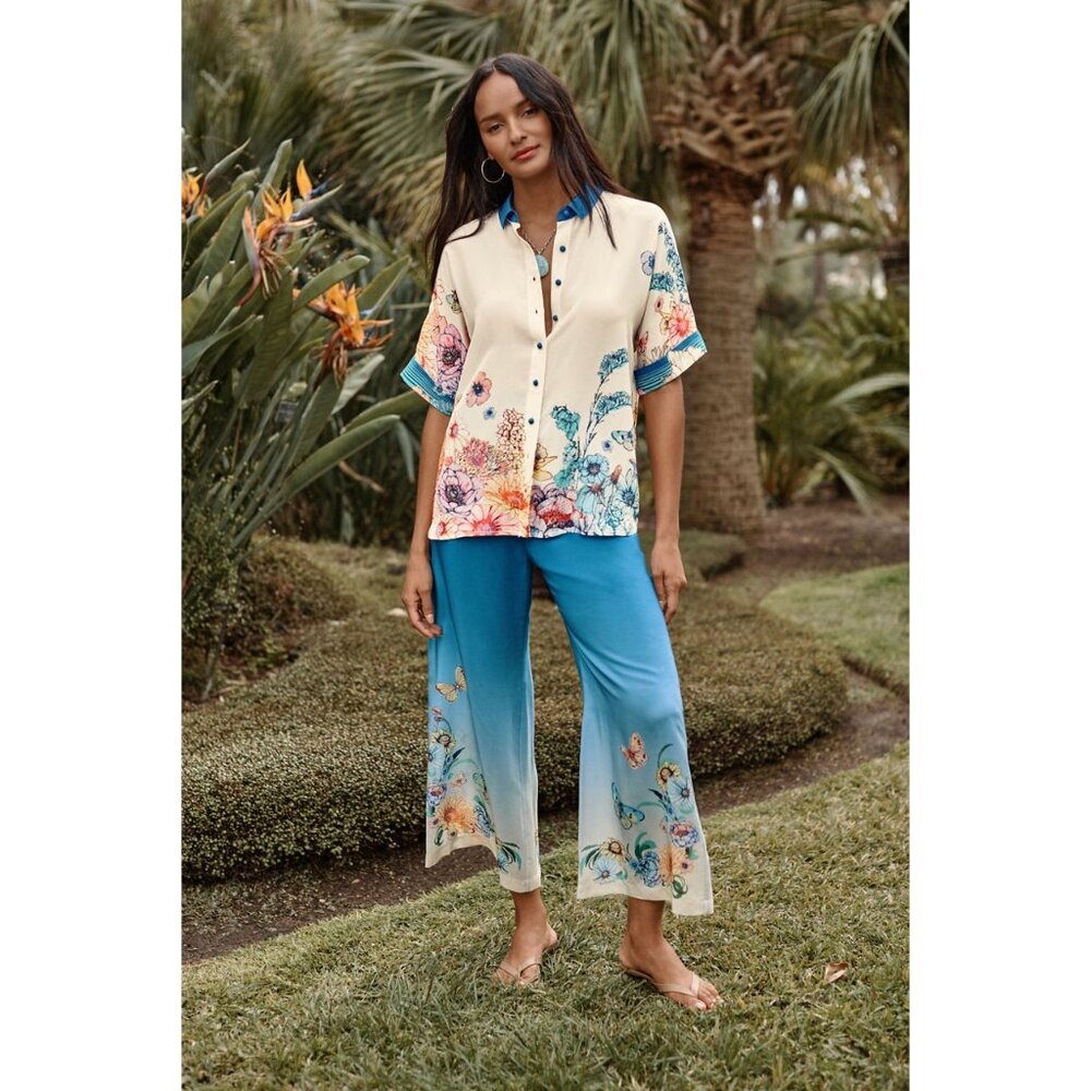 Johnny Was Yasmin Cropped Easy Pant Blue Butterfly Silk Size Small NWT $265 - Picture 4 of 12